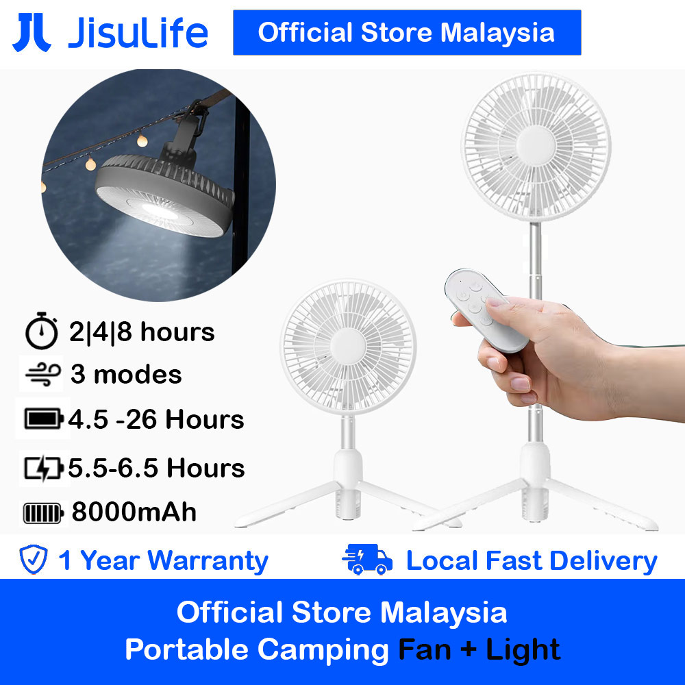 JISULIFE Malaysia Camp Fan Pro 1Multifunction Convertible Camping Portable Adjsutable Rechargeable Light Lamp Rotatable Stand Desk Fan for Office Room Travel Outdoor Indoor Picnic Camping (White)