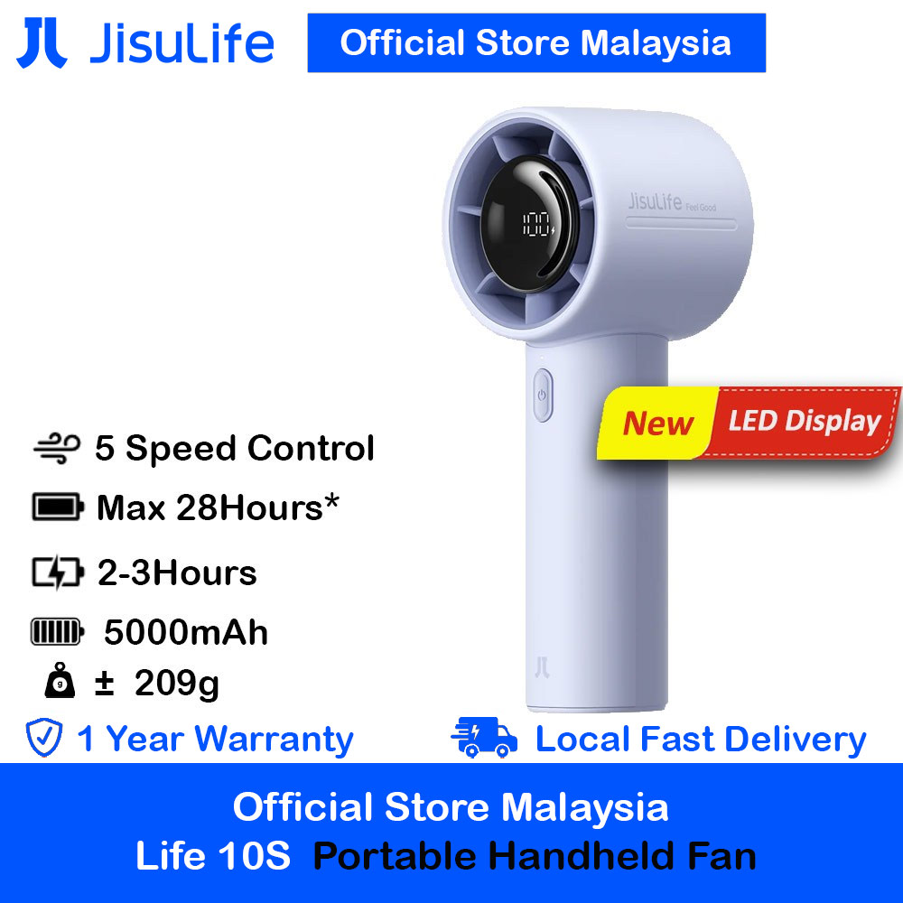 Jisulife Life 10S Portable Handheld Fan 5 Speed Mode LED Display Easy Carry Turbo Wind Speed Fan Kipas Jisulife (Blue)