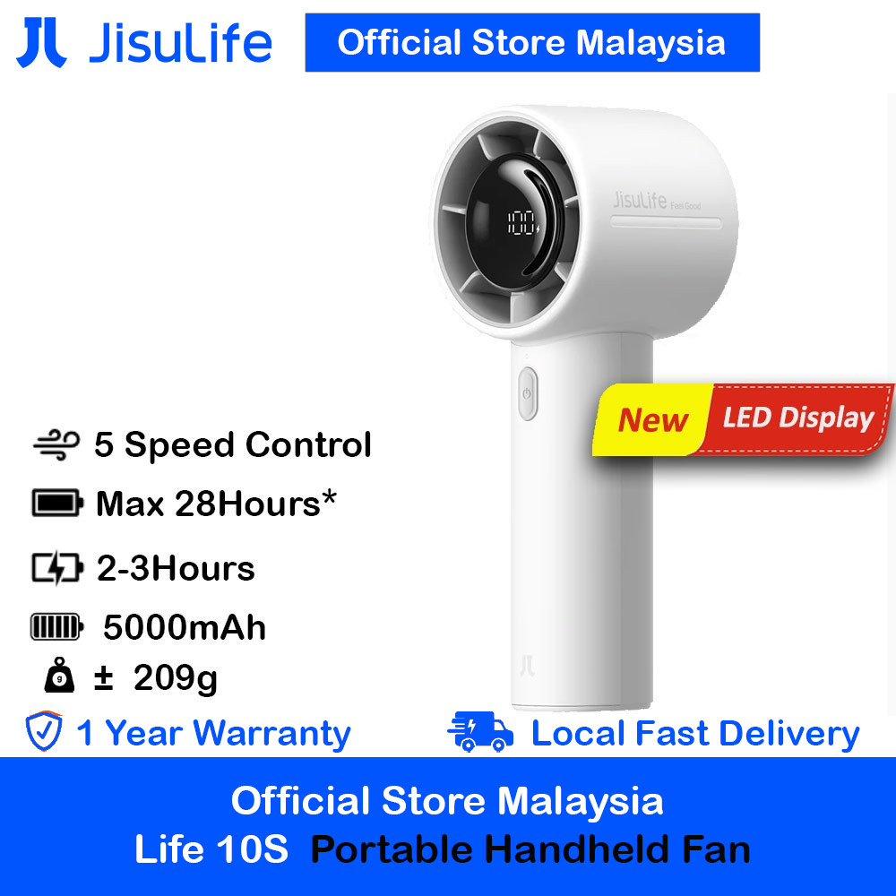 Jisulife Life 10S Portable Handheld Fan 5 Speed Mode LED Display Easy Carry Turbo Wind Speed Fan Kipas Jisulife (Gray)