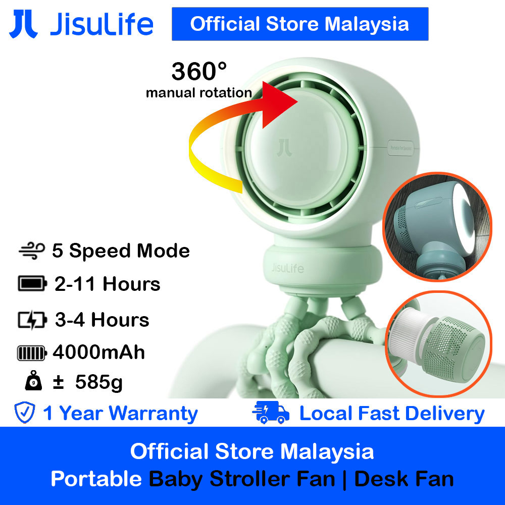 Jisulife Malaysia Life2 Child Baby Safe Stroller Car Seat Rotatable Flexible Tripod Rechargeable Bladeless Fan (Green)
