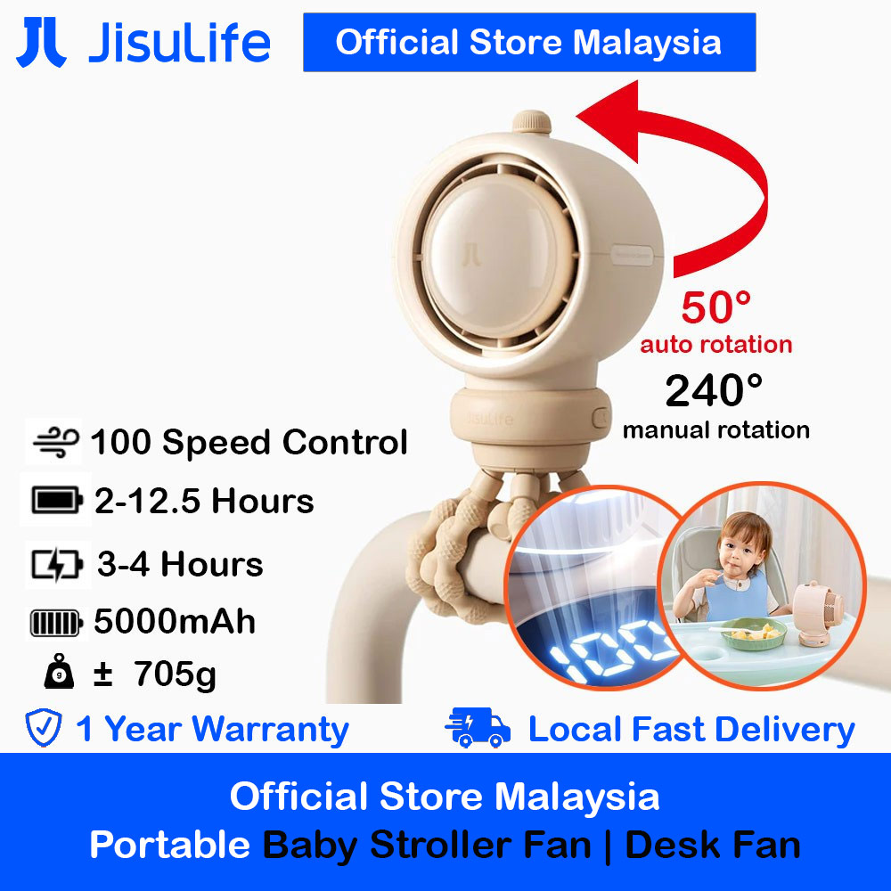 Jisulife Malaysia Life2 S Child Baby Safe Stroller Car Seat Auto OscillatingFlexible Tripod Rechargeable Bladeless Fan (Brown)