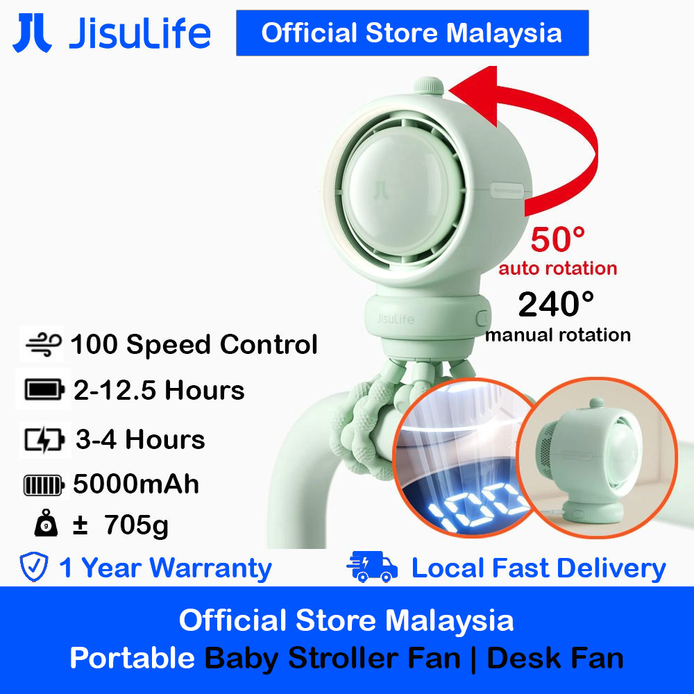 Jisulife Malaysia Life2 S Child Baby Safe Stroller Car Seat Auto OscillatingFlexible Tripod Rechargeable Bladeless Fan (Green)