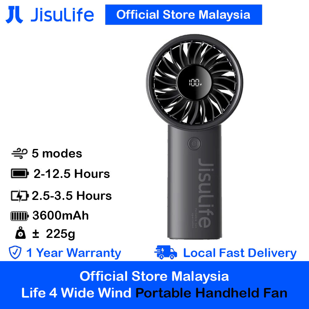 Jisulife Malaysia Powerful Handheld Fan Life4 Powerful Portable Fan with LED Display (3600mAh Black)