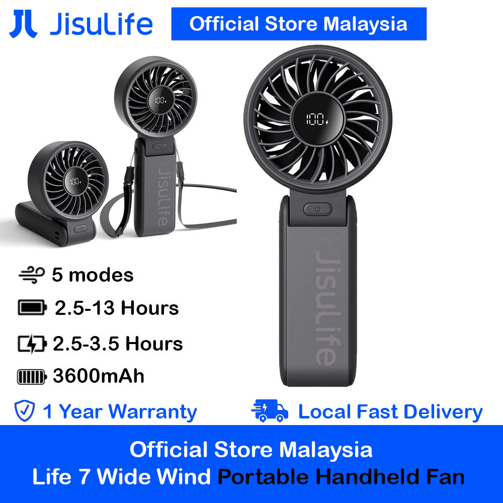 Jisulife Malaysia 3 in 1 Handheld Fan Life7 Powerful Portable Fan with LED Display Foldable as Desk Fan Hangable as Neck Fan (3600mAh Black)