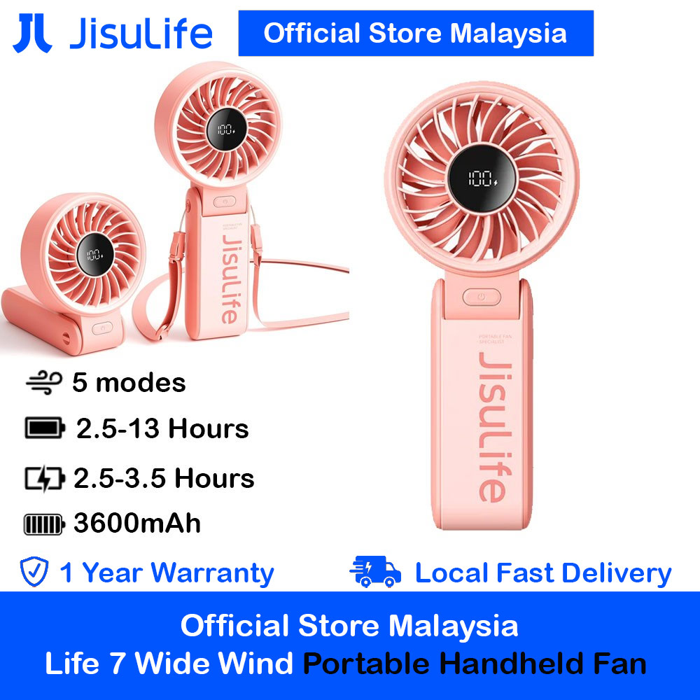 Jisulife Malaysia 3 in 1 Handheld Fan Life7 Powerful Portable Fan with LED Display Foldable as Desk Fan Hangable as Neck Fan (3600mAh Pink)