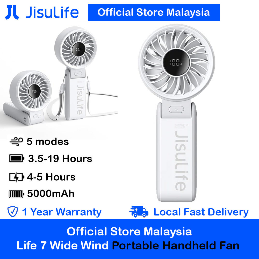 Jisulife Malaysia 3 in 1 Handheld Fan Life7 Powerful Portable Fan with LED Display Foldable as Desk Fan Hangable as Neck Fan (5000mAh Light Grey)