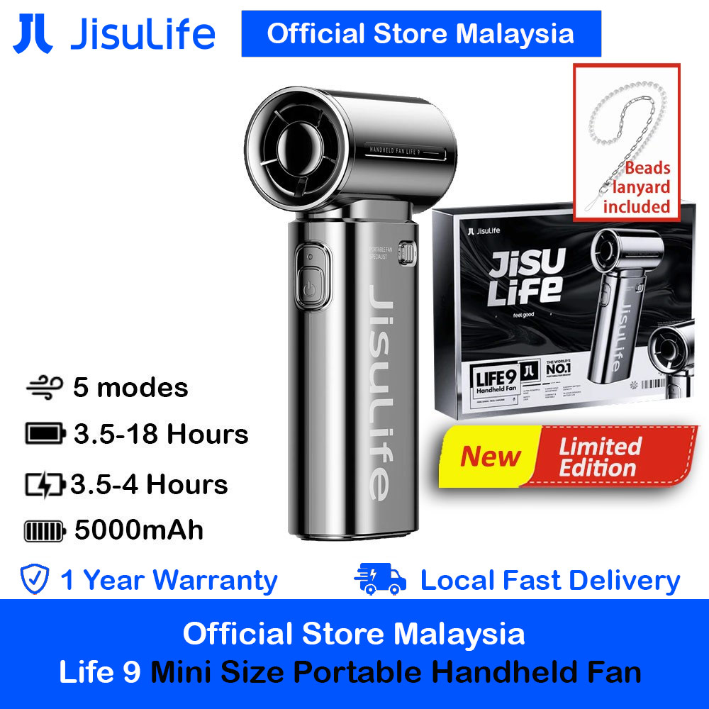 Jisulife Life9 Limited Edition Chrome Silver Handheld Fan Ultra Mini Compact Small Pocket Size Portable Handheld Fan Kipas Pegang Tangan Angin Kuat (5000mah Silver)