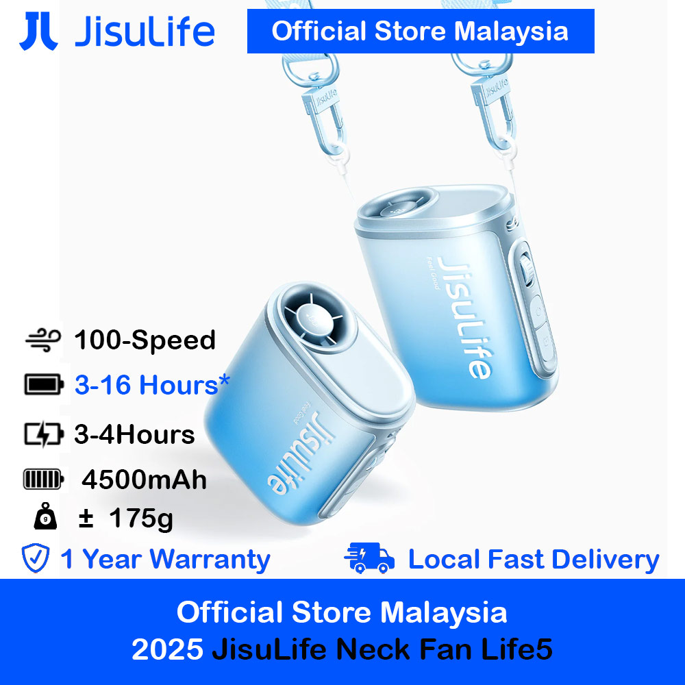 JisuLife Neck Fan Life5 100 Speed Turbo Cooling Handfree Portable Neck Fan Hang or Clipped Clip Fan (Blue)