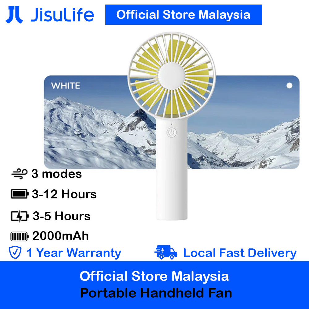 Jisulife Malaysia 3 Speed Wind Portable Fast Charge Rechargeble 2000mAh Handheld Fan for Outdoor Indoor Badminton Court Concert Picnic Camping FA21 (White)