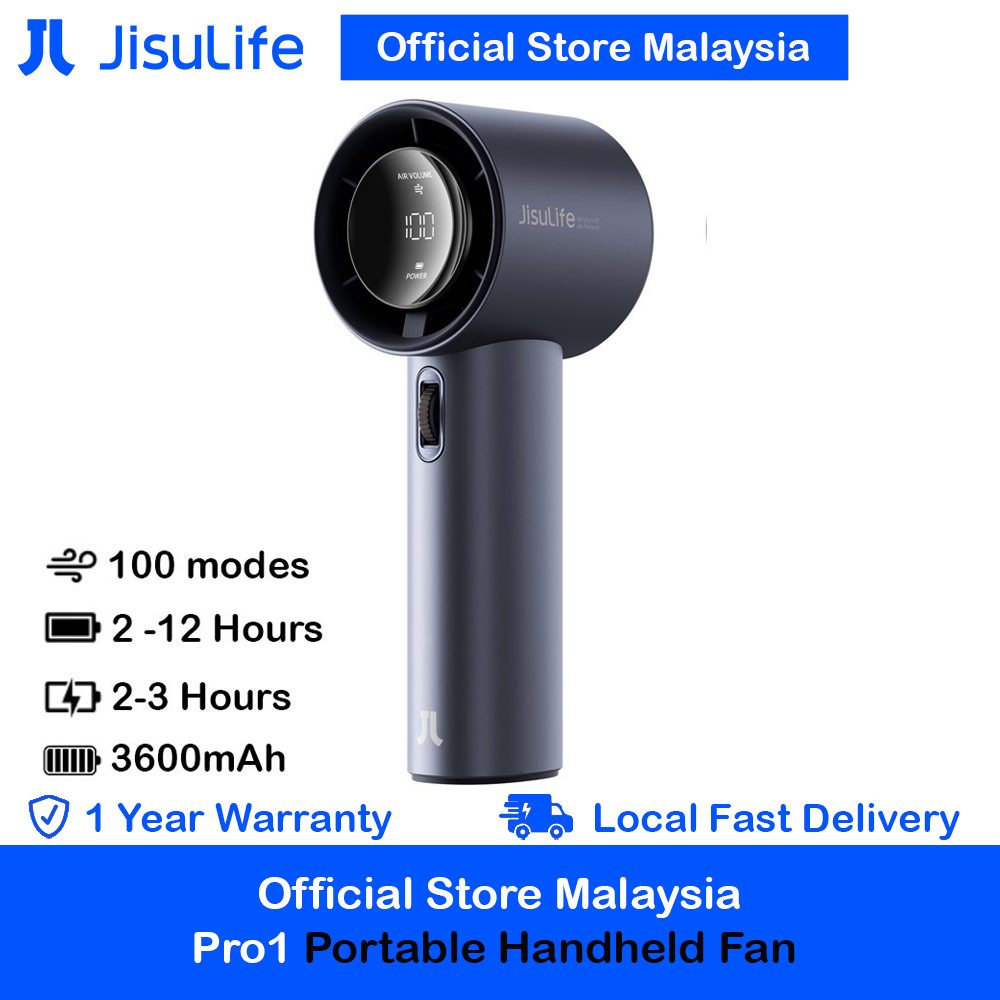 Jisulife Malaysia Super Power 100 Speed Turbo Strong Wind Portable Fast Charge Rechargeable  3600mAh Hidden Blade High Quality Handheld Mini Fan for Outdoor Indoor Badminton Court Concert Picnic Camping FA53ABS (Blue)