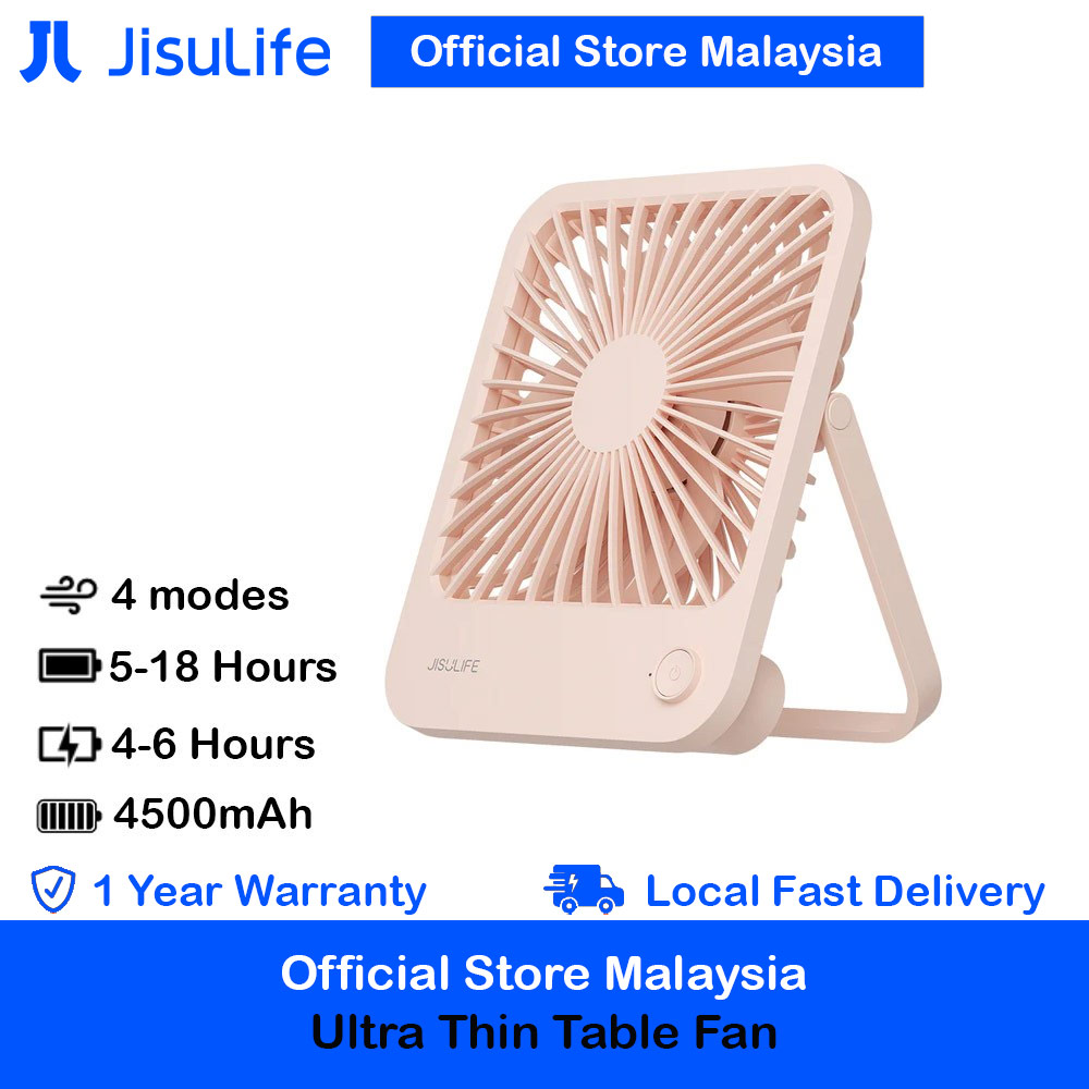 JISULIFE Malaysia Table Desk Fan Ultra Slim Portable Desktop Fan Strong Airflow Ultra Quiet 4500mAh USB Rechargeable Electric Table Fan for Office Room Travel Outdoor Indoor Picnic Camping (Pink)