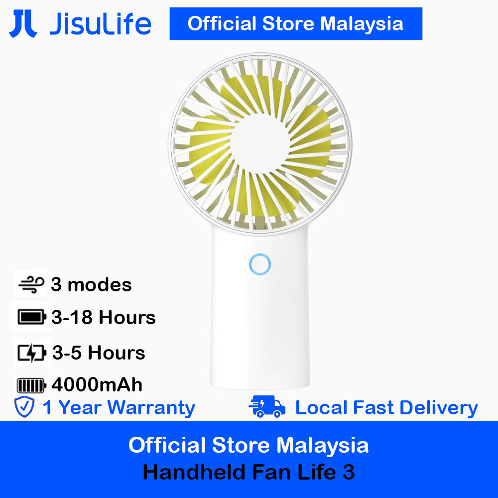 Jisulife Malaysia 3 Speed Wind Portable Rechargeble 4000mAh Handheld Fan for Outdoor Badminton Court Concert Picnic Camping (White)