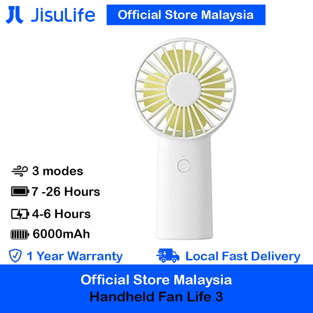 Jisulife Malaysia 3 Speed Wind Portable Rechargeable 6000mAh Handheld Fan for Outdoor Badminton Court Concert Picnic Camping (White)