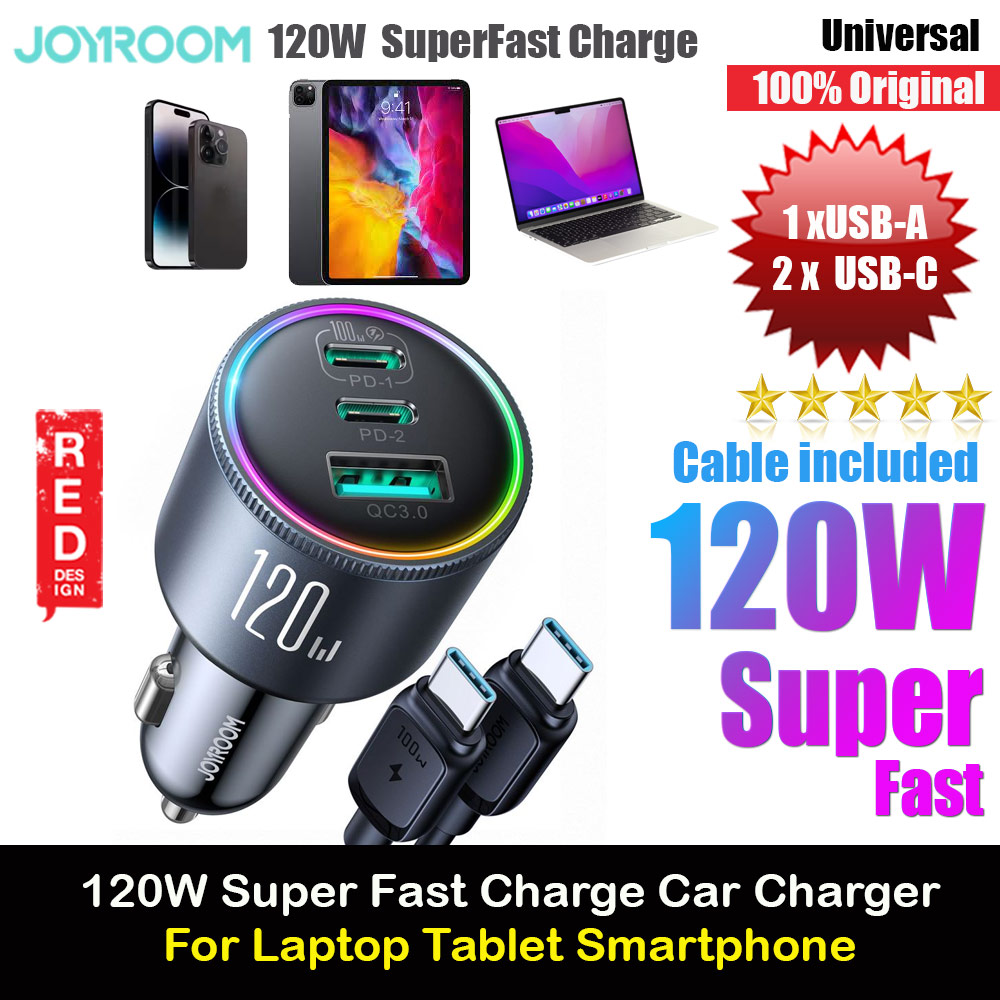Joyroom 120W Super Fast High Speed 3 Port Car Charger PD PPS QC3.0 QC4.0 for iPhone 14 Pro Max S23 Ultra Z Fold 5 Flip 5 iPad Pro Macbook Air Pro Laptop with 100W USB-C Cable (Black)
