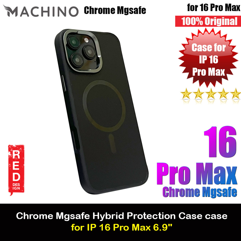 Machino Chrome Hybrid Metal Lens Frame Magnetic Compatible Drop Protection Case for iPhone 16 Pro Max 6.9 (Black)