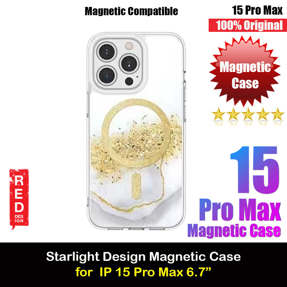 Red Design Choices Starlight Shining Magnetic Magsafe Compatible Case for Apple iPhone 15 Pro Max 6.7 (Gold White Marble)