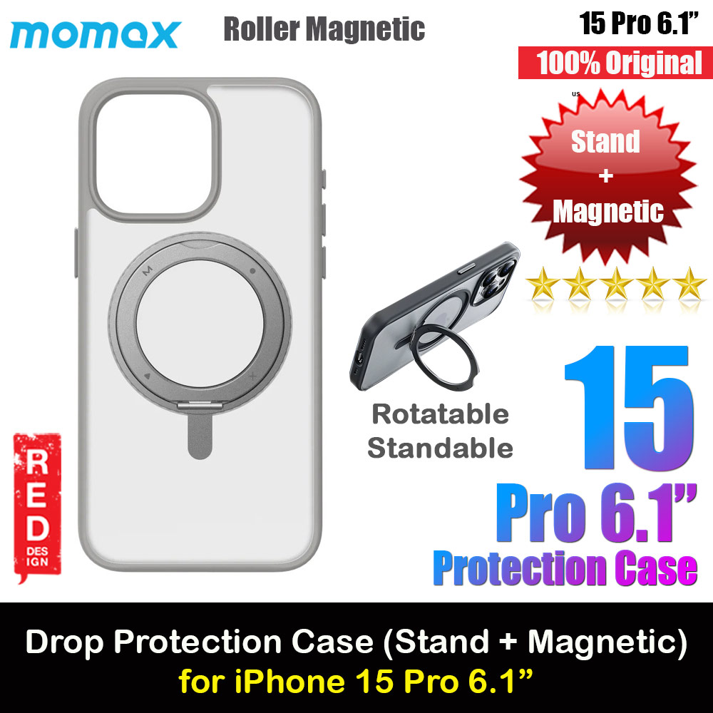 Momax CaseForm Roller Magnetic Case with Rotatable Stand Drop Protective Case iPhone 15 Pro 6.1 (Matte Gray)