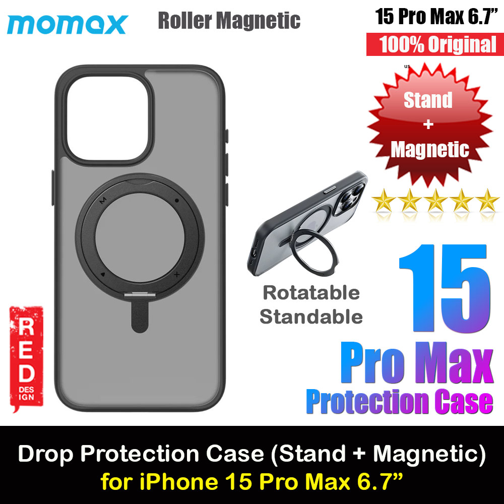 Momax CaseForm Roller Magnetic Case with Rotatable Stand Drop Protective Case iPhone 15 Pro Max 6.7 (Matte Black)