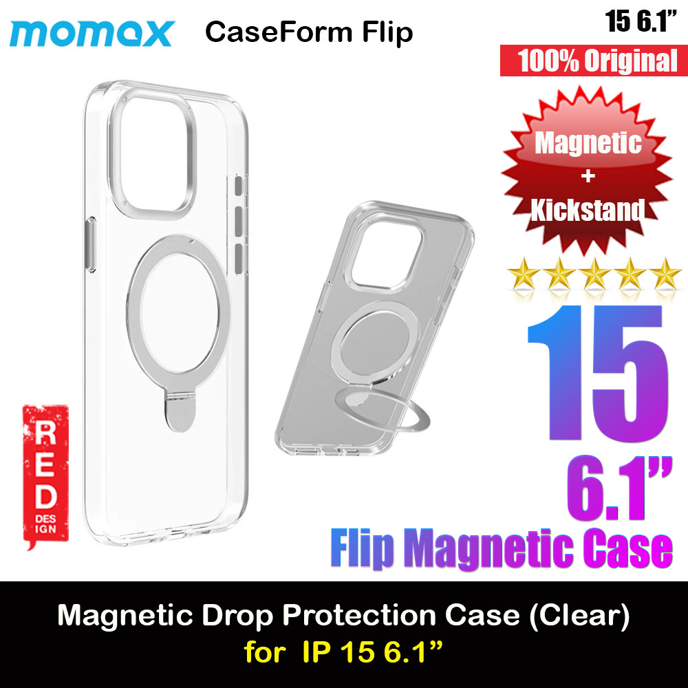 Momax CaseForm Flip Magnetic Kickstand Ring Holder Case for iPhone 15 6.1 (Clear Silver)