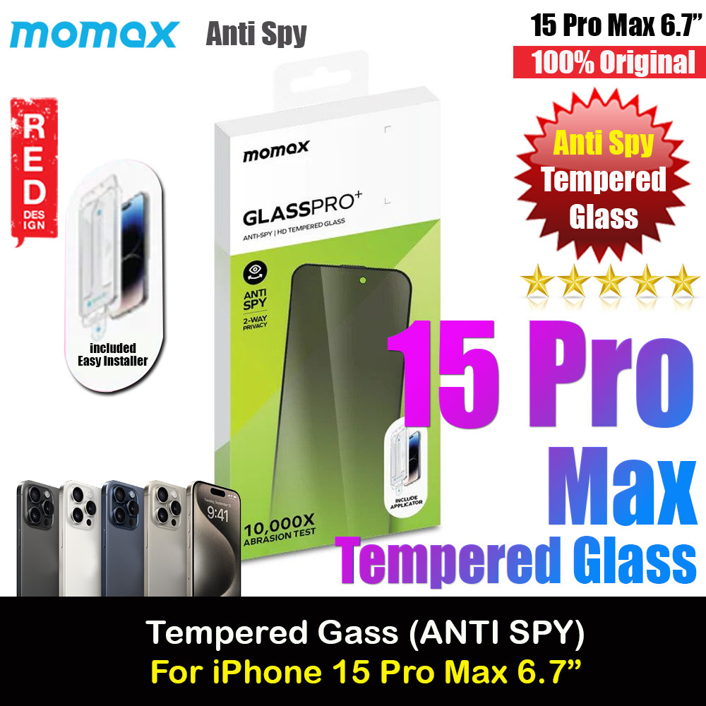 Momax 3D Full Coverage Tempered Glass Screen Protector for Apple iPhone 15 Pro Max 6.7 with Easy DIY Installation Kit Helper (Privacy Anti Spy Anti Peep Black)