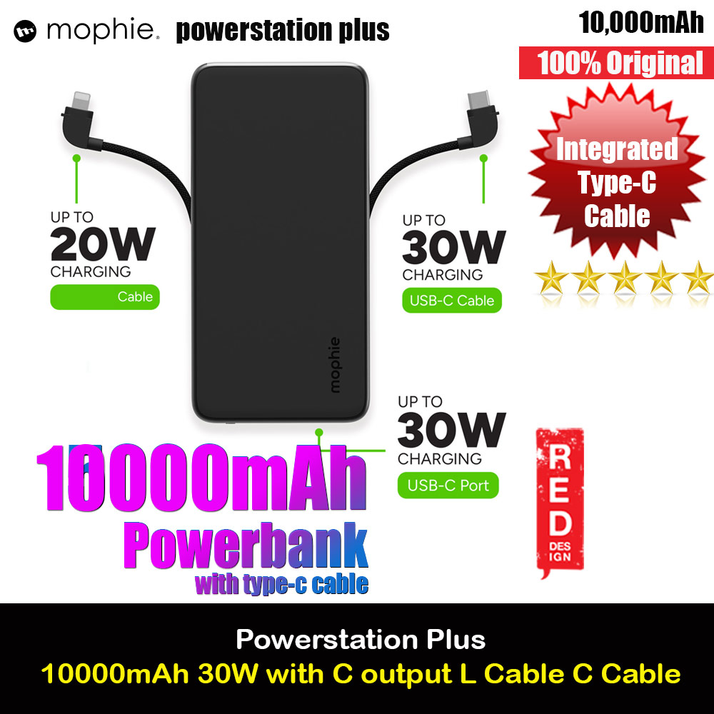 Mophie Powerstation Plus 10000mah 30W Max Fast Charge with USB C Output Built in Type C Cable L Cable  (Black)
