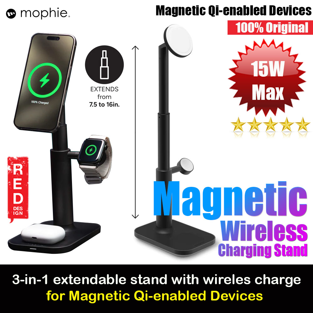 Mophie 3 in 1 Extendable Stand Pad 15W Magnetic Wireless Stand wireless charging stand compatible with snap and MagSafe for Smartphones iPhone Apple Watch Airpods (Black)