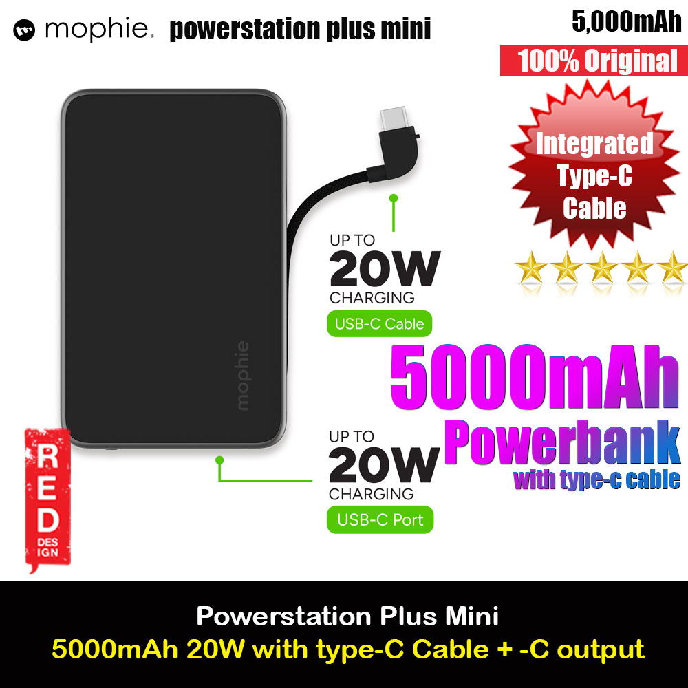 Mophie Powerstation Plus Mini 5000mah 20W Fast Charge with USB C Output Built in Type C Cable (Black)