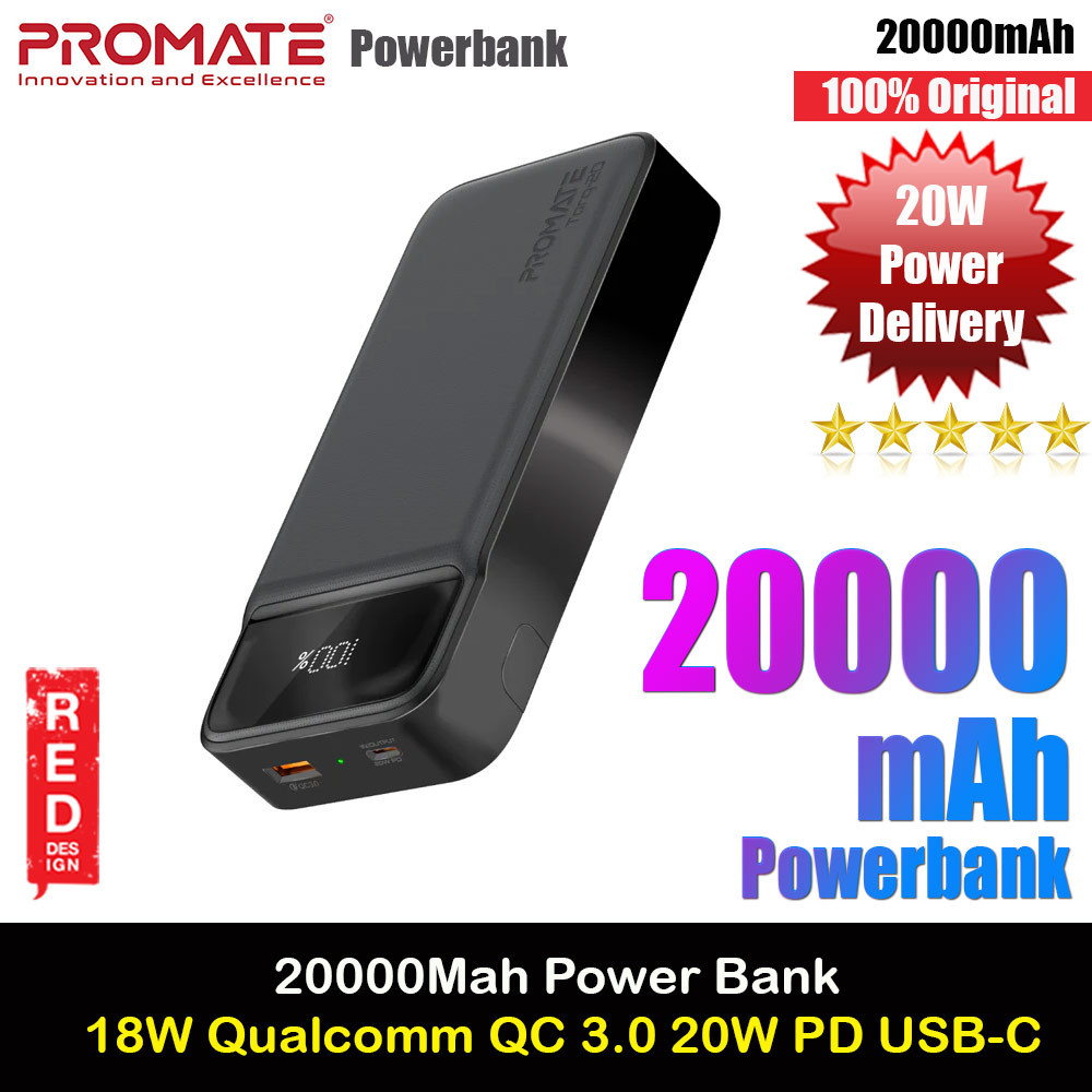 Promate 20000mAh Power Bank Powerbank 20W Power Delvey USB-C 18W QC3 USB-A  with Kickstand Torq-20 (Black)