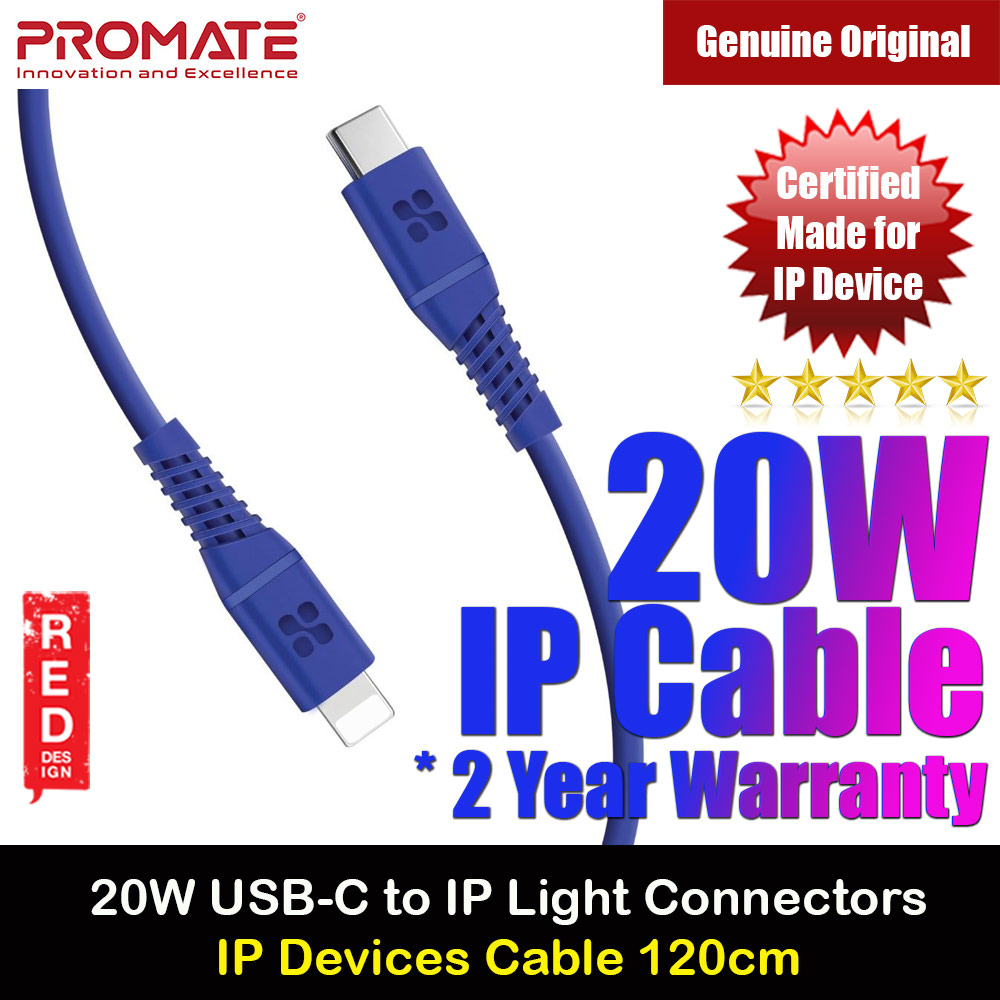 Promate Ultra Fast USB C to Lightning 20W Fast Charging Soft Silicone cable for iPhone 13 Pro Max IPad Airpods Pro PowerLine-Ci120 (Blue)
