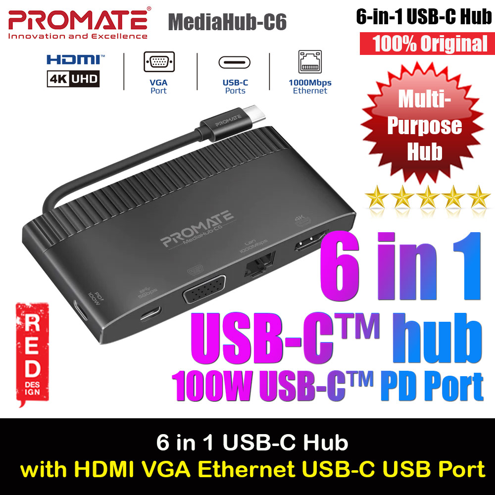 Promate 6-in-1 Type-C™ USB-C™ Hub Sync Charge Adapter with 4K HDMI 1080p VGA 1000Mbps LAN 100W USB-C™ Power Delivery 5Gbps USB 3.0 and USB-C™ Ports for MacBook Pro iPad Air Galaxy S23 MediaHub-C6