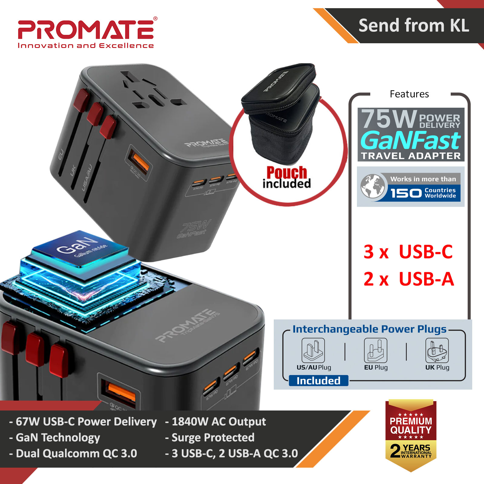 Promate 75W Power Delivery GaN Fast Universal Travel Adapter Charger with 3 USB C Port 2 USB QC 3.0 Smart Charging Surge Protected Charger (Black)