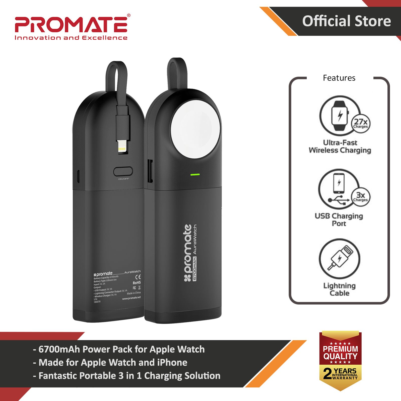 Promate Apple Watch Power Bank Charger, Apple MFi Certified 6700mAh Charger Battery Pack for Apple Watch with Built-In Lightning Cable and Ultra-Fast USB Port for Apple Watch 40mm 38mm 42mm 44mm Series 1 2 3 4 5 iPhone, Samsung, AuraWatch