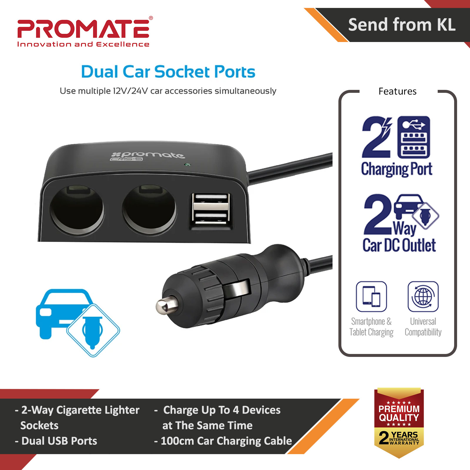 Promate CMS-5 Cigarette Lighter Adapter Multi-Functional 2 Way 12V Car Charger Lighter Socket Splitter Plug with 2 Dual USB