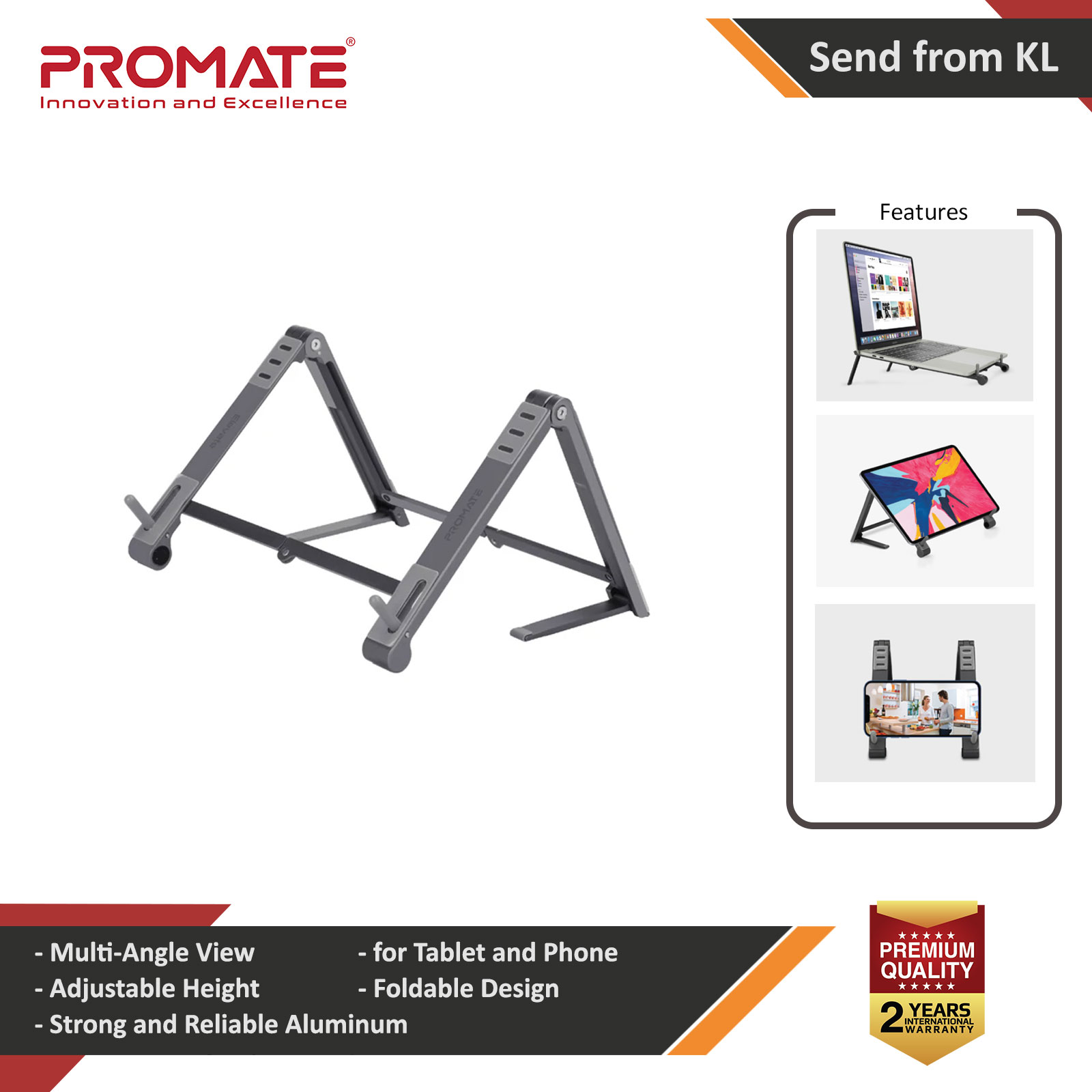 Promate Elevate Laptop Stand Foldable Aluminum MultiAngle Computer Desk Stand with Adjustable Height for Notebook Laptop - Elevate