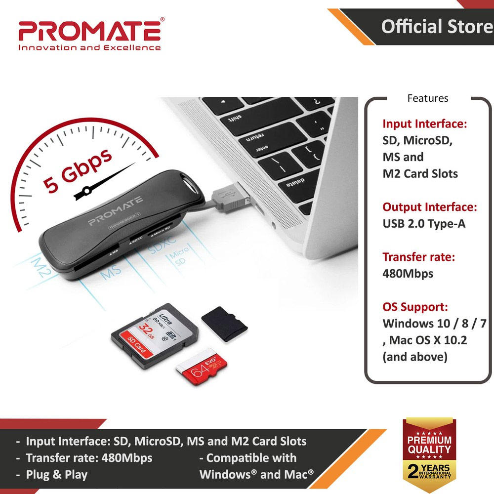 Promate 4-in-1 Portable Multi Memory Card Reader USB 2.0