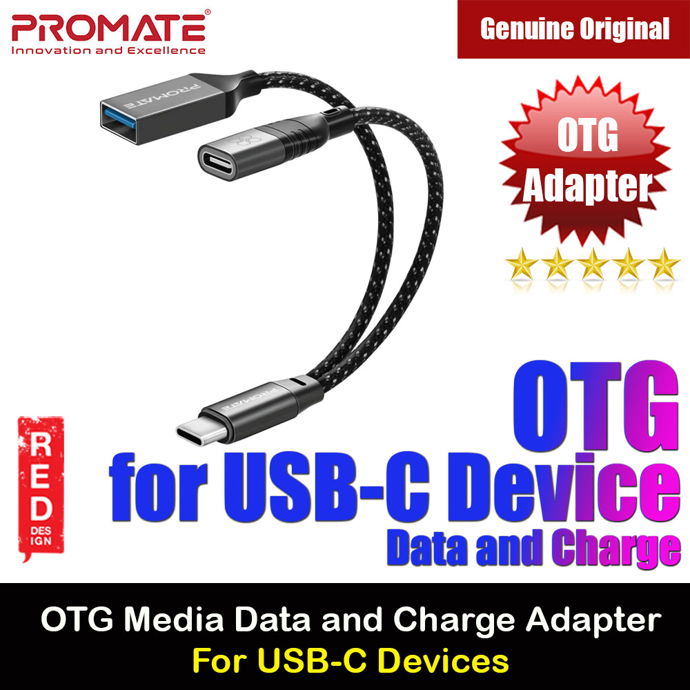 Promate OTG Media Adapter with Male Type C Cable to Female USB A USB C Ports 480Mbps Data Transfer 45W Charge OTGLink-C