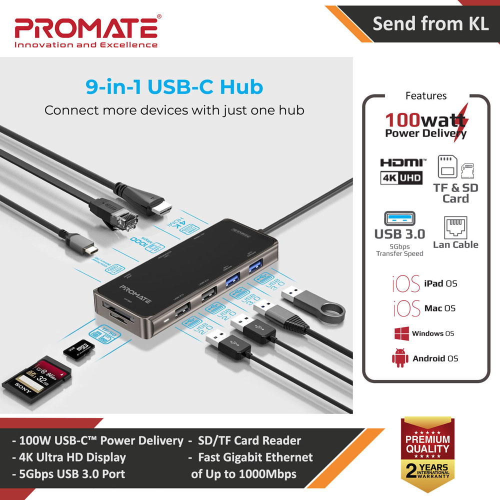 Promate USB-C Hub 9-In-1 USB Type-C Adapter with 1000Mbps RJ45 Ethernet 100W USB-C Power Delivery 4K HDMI 4 USB Ports and TF/SD Card Slot for MacBook Pro MacBook Air iPad Pro  XPS Chromebook PrimeHub-Go