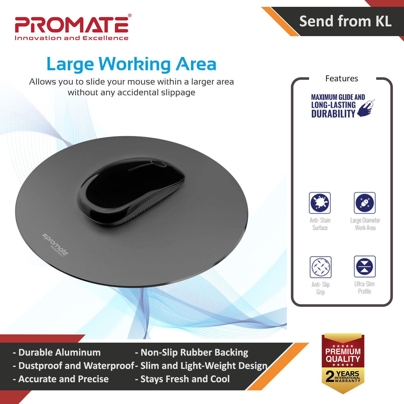 Promate Mouse Pad High-Quality Ergonomic Aluminium Mouse Pad with Non-Slip Rubber Base and Anti-Stain High Accuracy Optimized Tracking for iMac MacBook Pro Laptops PC Any Optical Laser Mice MetaPad-1 Grey