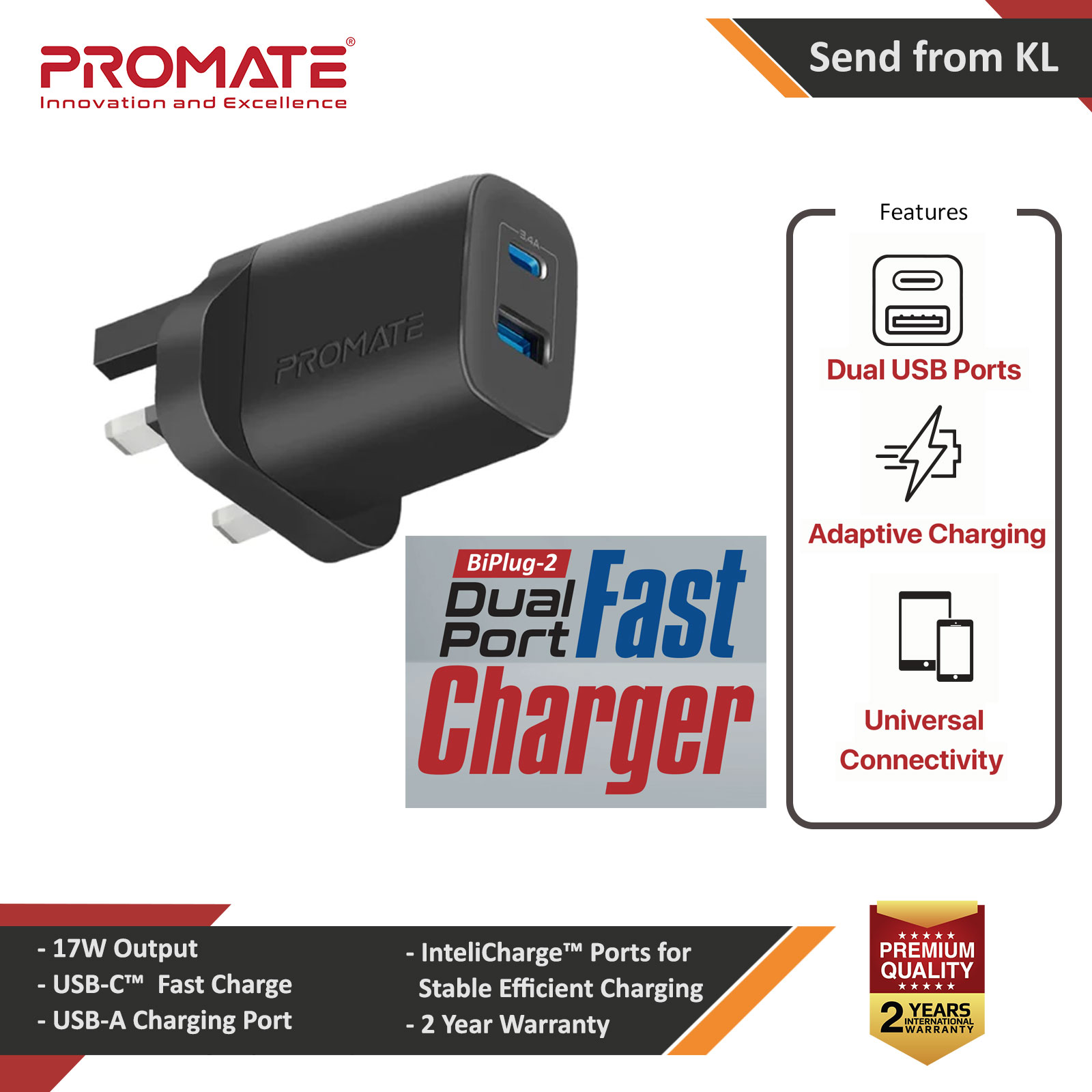 Promate 17W High Speed Dual Port Charger USB-C USB-A Port Compact Design Charger (Black)