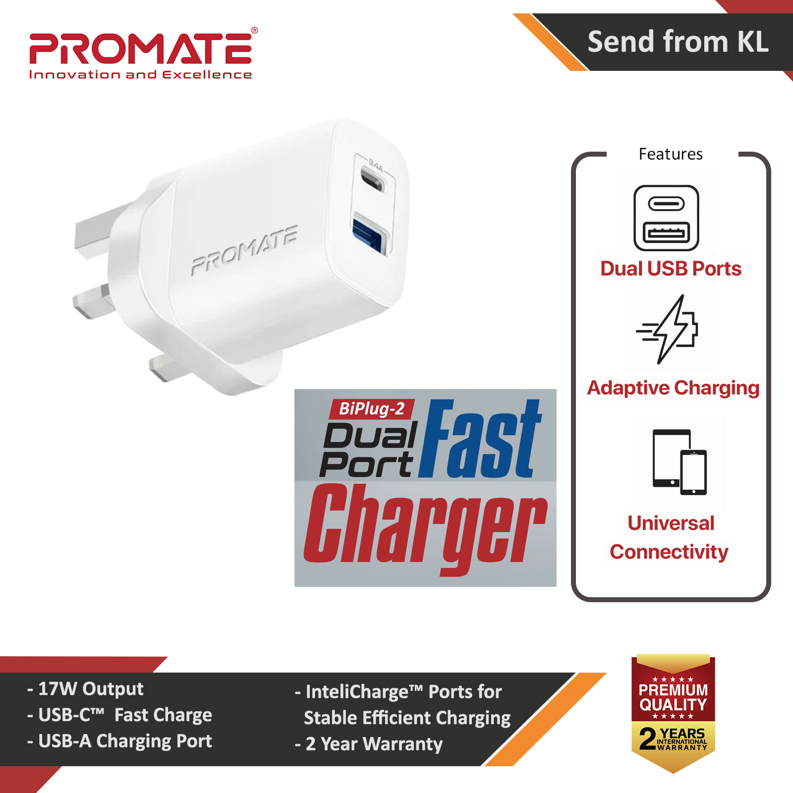 Promate 17W High Speed Dual Port Charger USB-C USB-A Port Compact Design Charger (White)