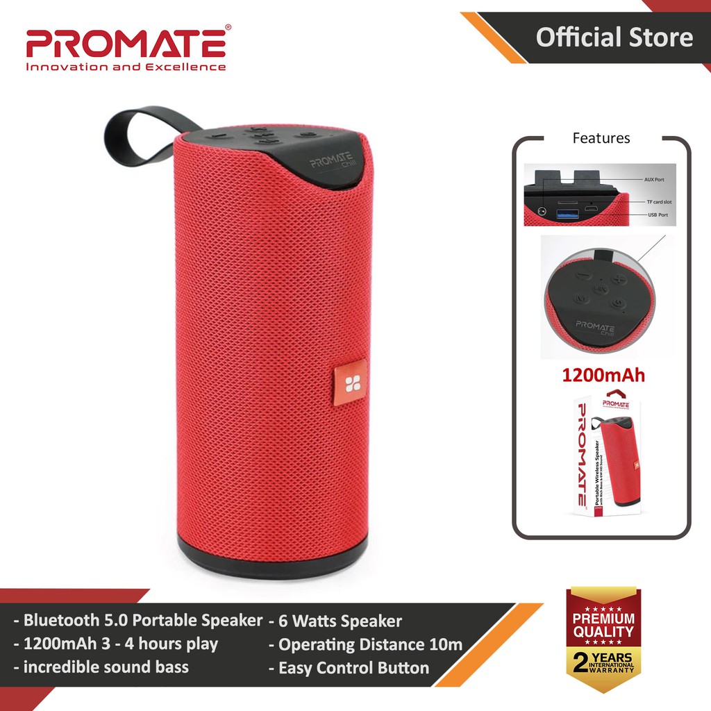 Promate Chill Wireless Portable Bluetooth v5.0 Stereo Speaker with Bass Sound Built-In Mic Micro SD Card Slot (Red)