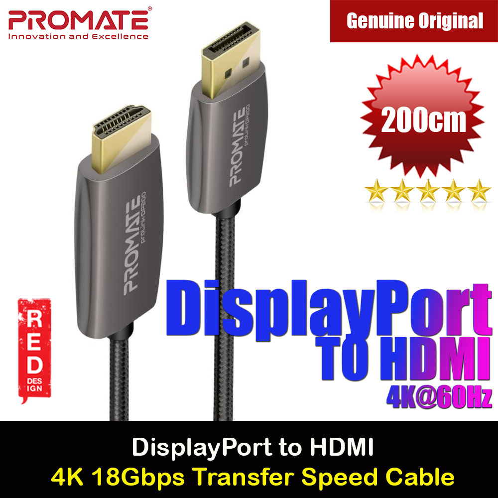 Promate 4K@60Hz DisplayPort to HDMI Cable 18Gbps Transfer Speed Gold Platted Connectors Nylon Braided Cord for Laptops PCs Computers ProLink-DP200