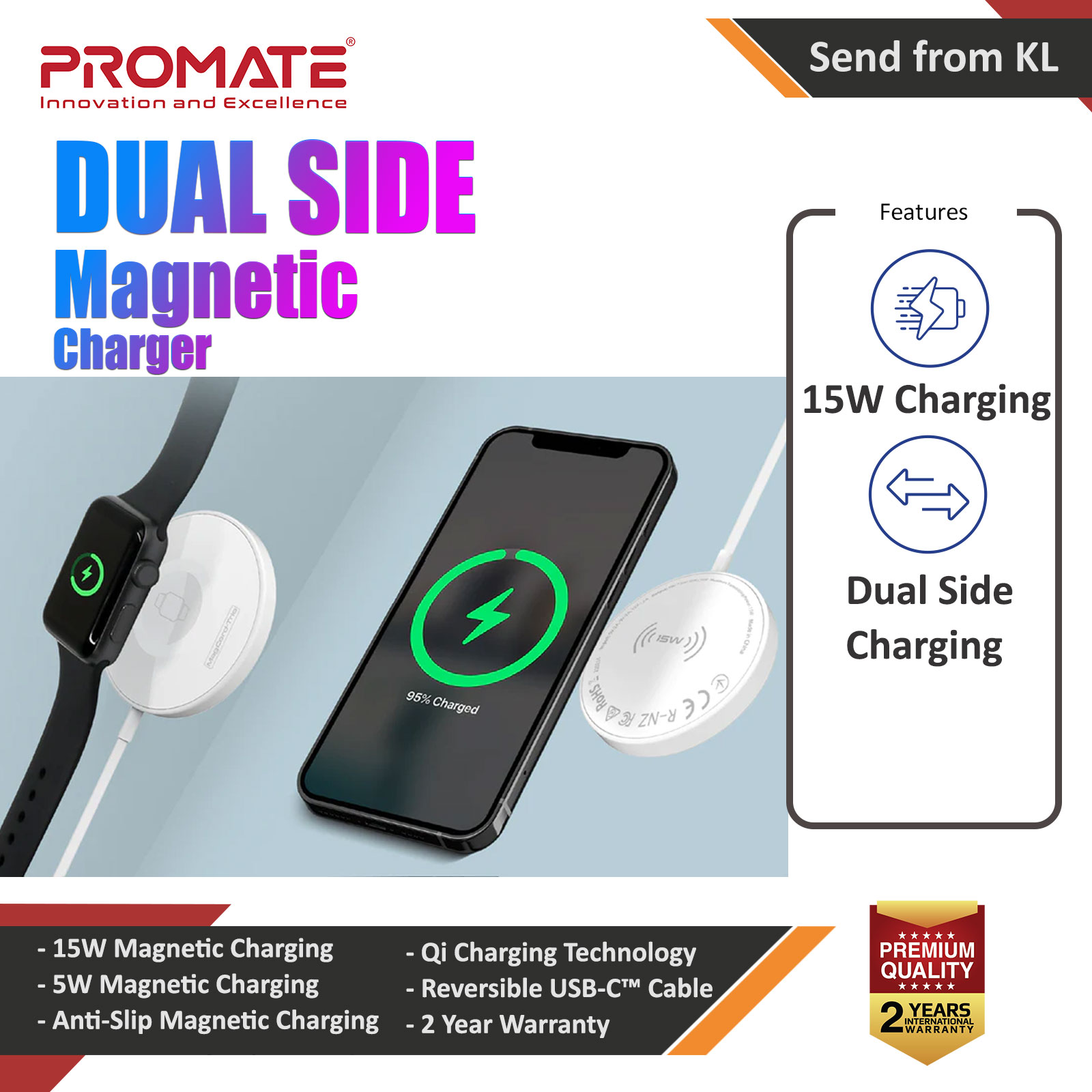Promate 3-in-1 Wireless Charger Dual Sided Magnetic Qi Wireless Charging Pad with 15W Mag-Safe Charging for iPhone 13 14 Pro Max  5W Apple Watch AirPods Pro Charger and USB-C™ Connector for All Qi-Enabled Devices MagCord-Trio (White)