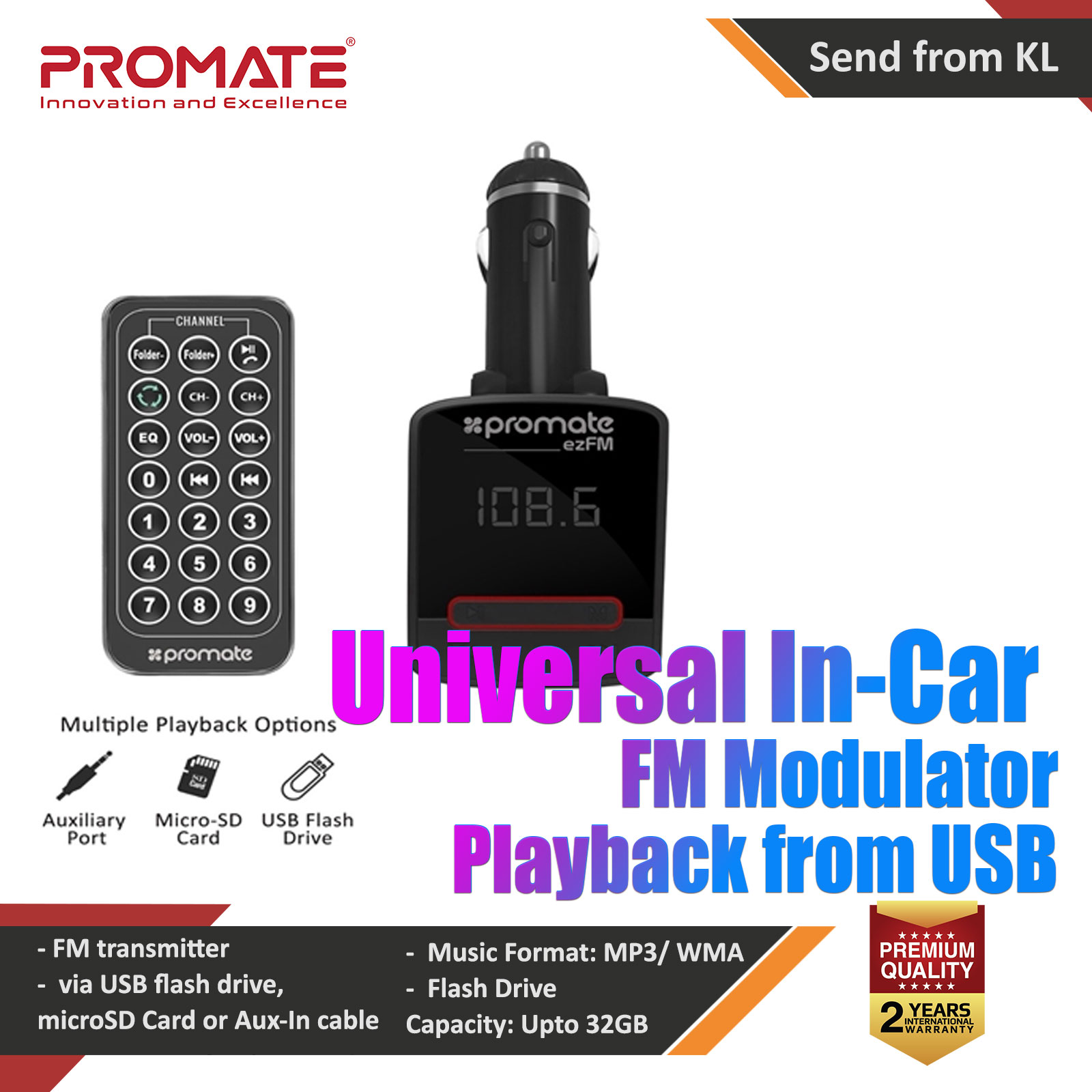 PROMATE ezFM Universal In-Car FM Modulator Playback from USB  MicroSD Card AUX-In ezfm