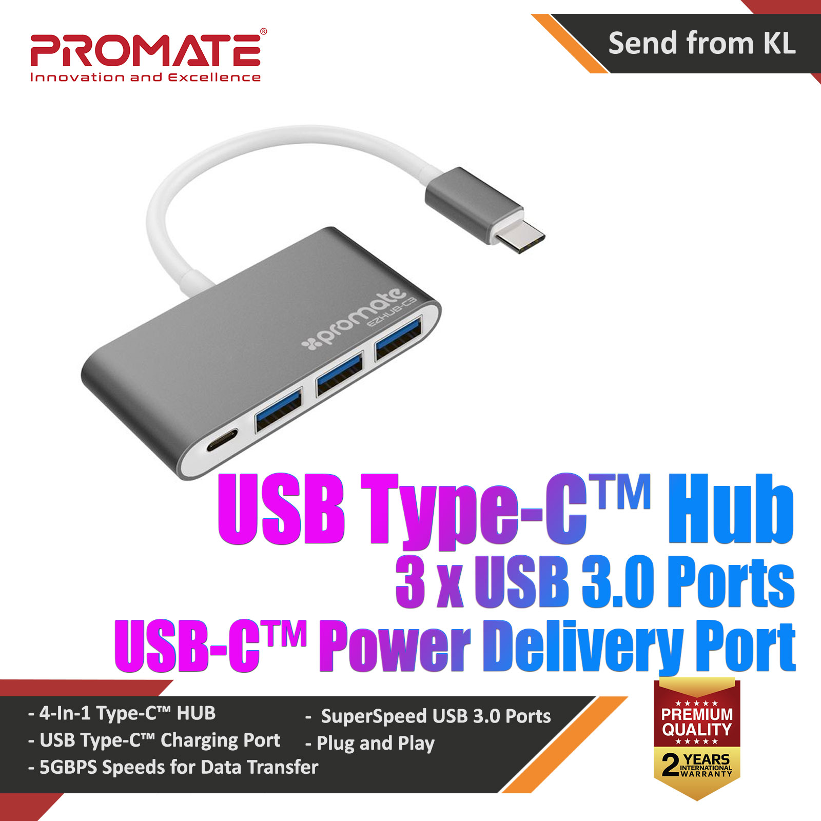 Promate USB Type-C™ Adapter Premium USB-C™ Hub to 3 USB 3.0 Ports with Sync and Charge 5Gbps Data Transfer Speed and USB-C™ Recharging Port for Camera Smartphones Tablets and All Type-C™ Laptops EZHub-C3
