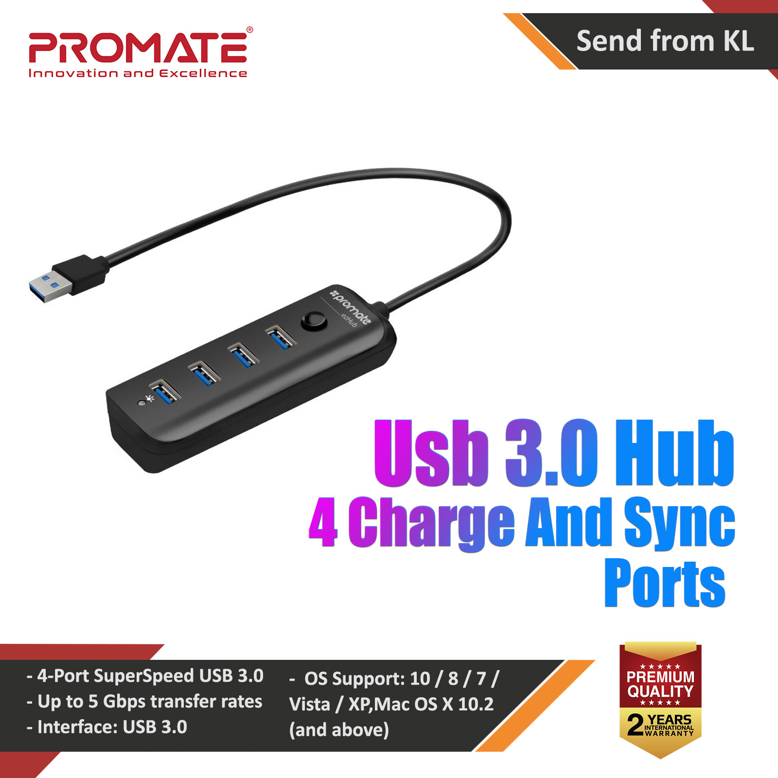 Promate Ultra-fast Usb 3.0 Hub With 4 Charge And Sync Ports Ezhub (Black)