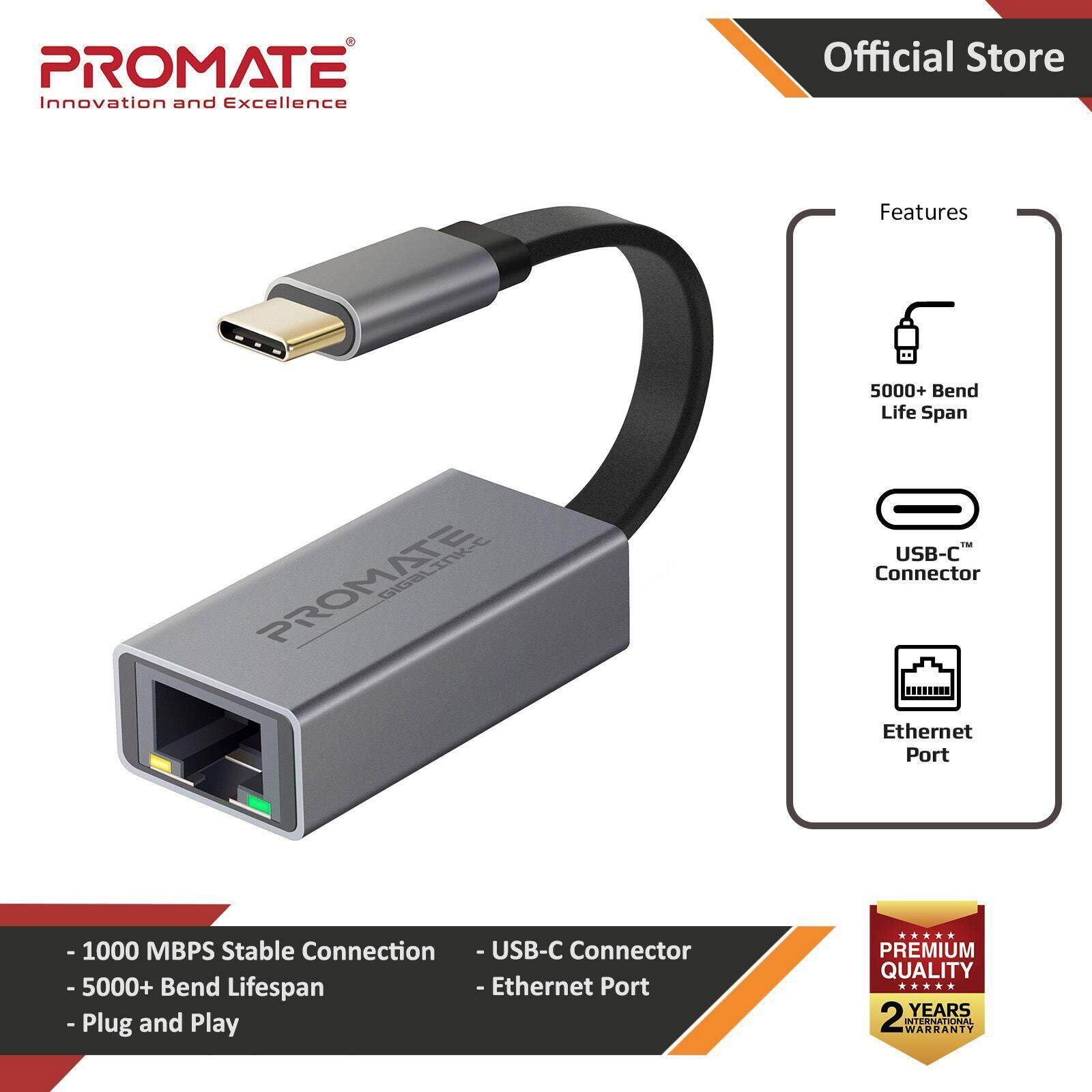 Promate GigaLink-C High Speed USB-C to RJ45 LAN Gigabit Ethernet Adapter Ethernet Bandwidth: 10/100/1000Mbps GigaLink-C