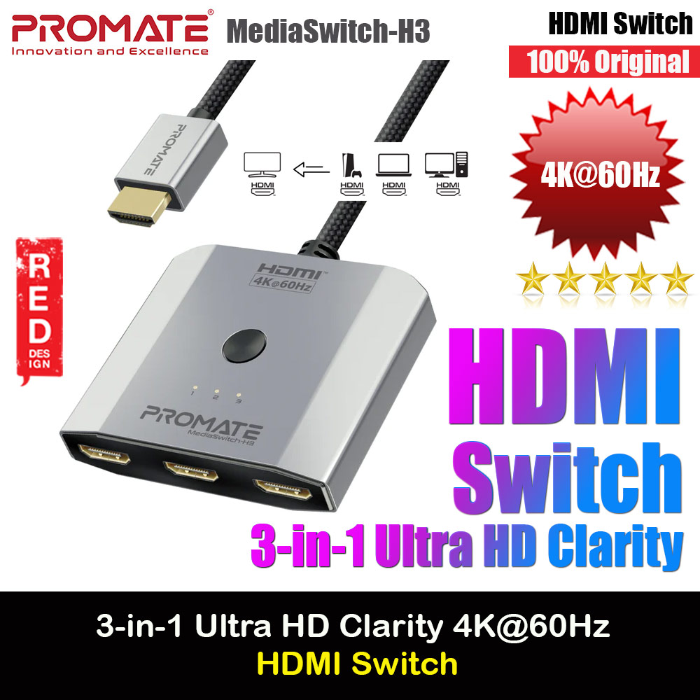 Promate 3 HDMI Splitter Switch Ultra HD Clarity Resolutions up to 4K@60Hz For Multiple Devices PC Laptop Presentation to 1 Output Display  MediaSwitch-H3