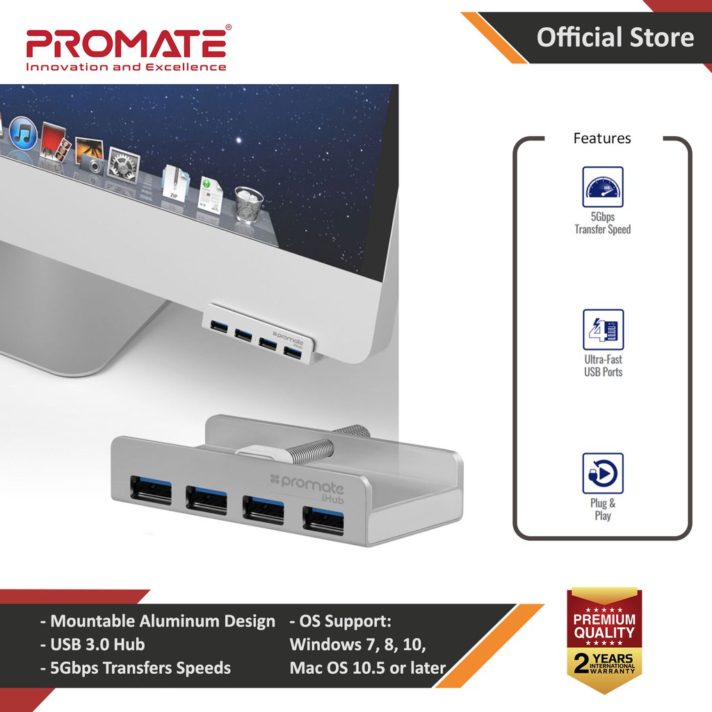Promate iHUb Ultra-Fast Mountable Aluminum 4 Port USB 3.0 Hub on LED LCD Laptop Monitor iHub