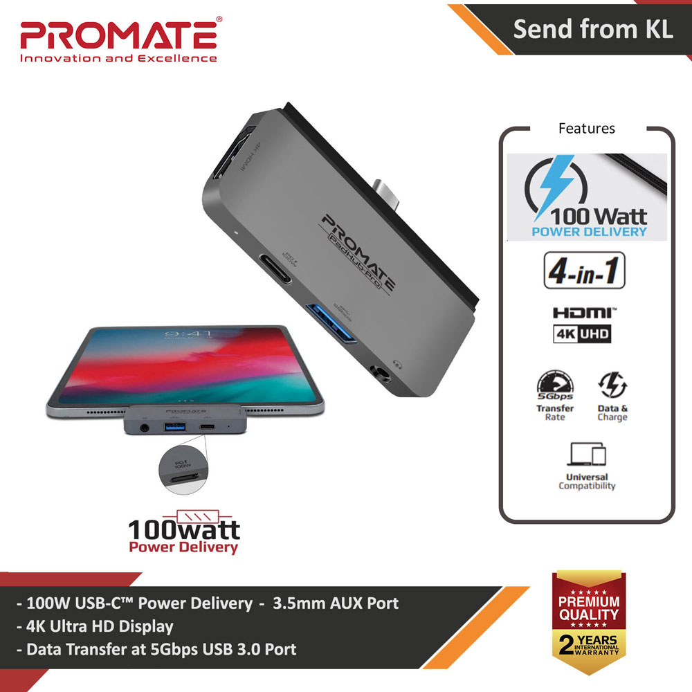 Promate USB-C Hub 4-in-1 Multi-Media Type-C Adapter with 100W USB-C Power Delivery Port High-Definition 4K Display USB 3.0 Port and 3.5mm AUX Port for MacBook Pro 13 M1  Macbook Air 13 M1 iOS Windows iPad Pro 11 iPad Pro 12.9 2020 2021 PadHub-Pro